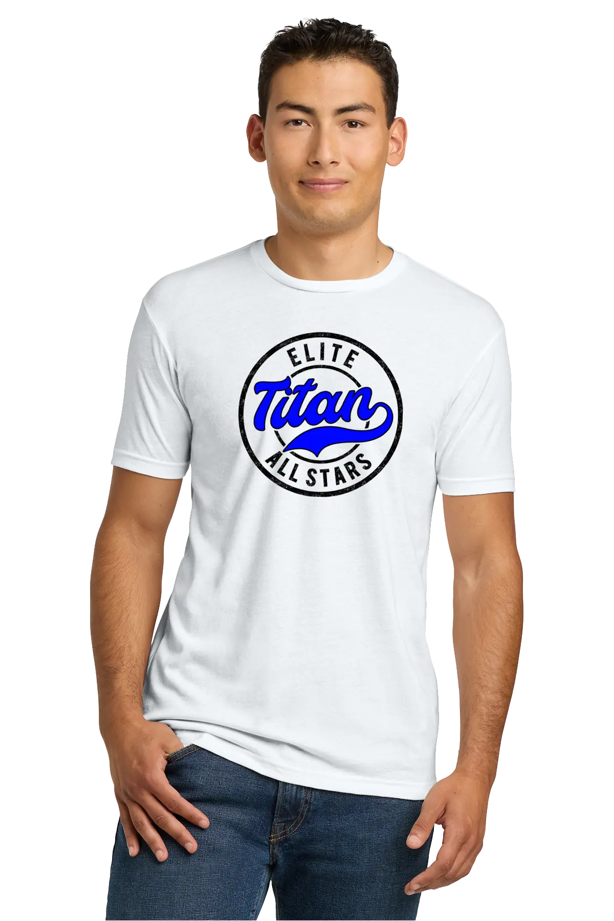 Man wearing a white t-shirt with 'Elite Titan All Stars' logo on a white background. Paper Street Print Co, Blairstown, NJ.
