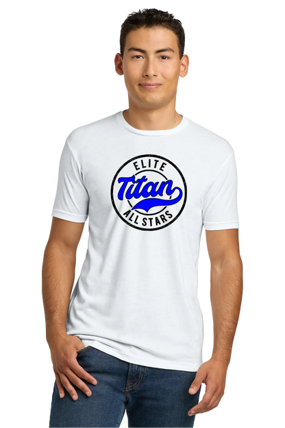 Man wearing a white t-shirt with 'Elite Titan All Stars' logo on a white background. Paper Street Print Co, Blairstown, NJ.