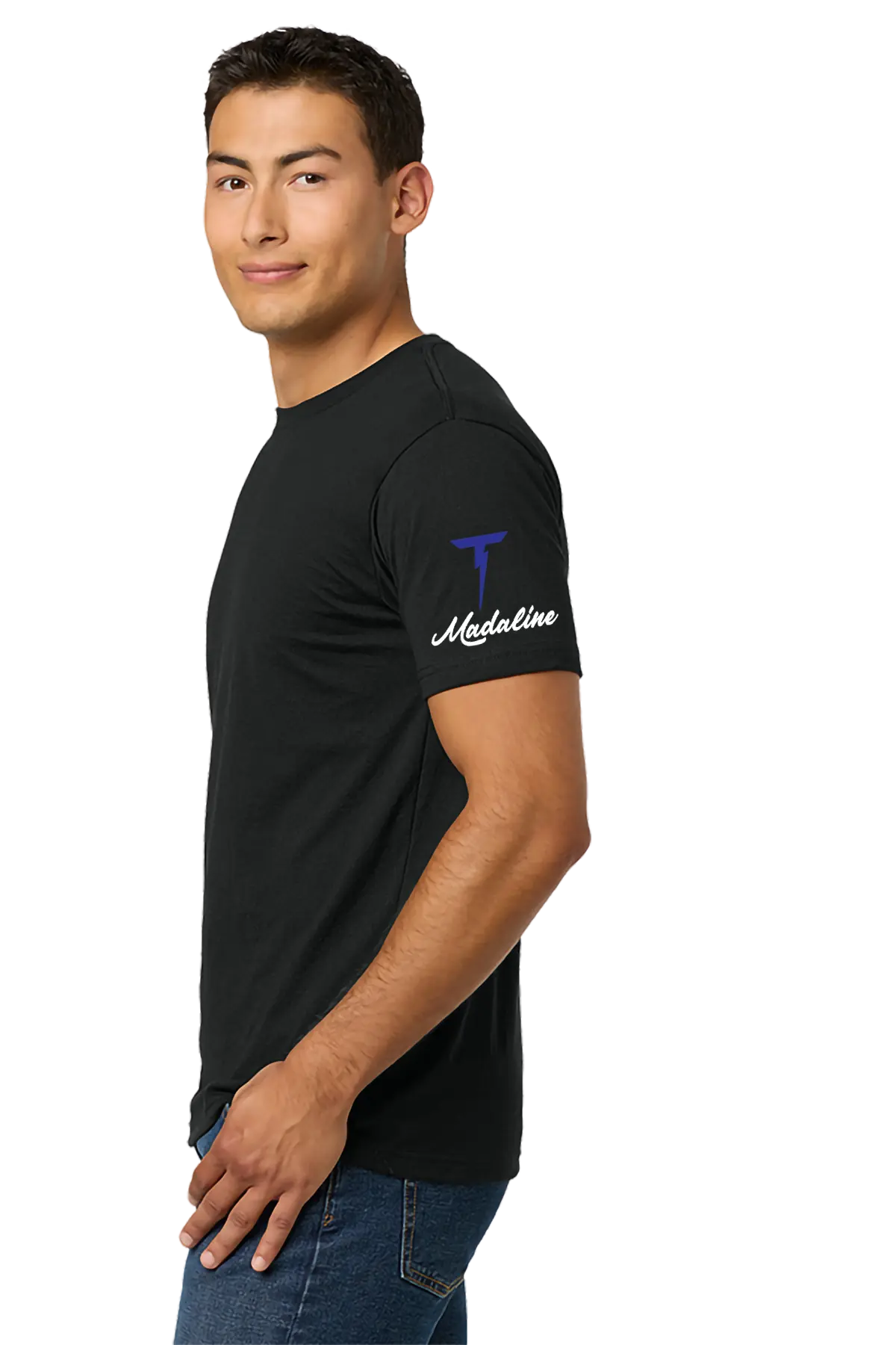 Man wearing a black t-shirt with a logo on the sleeve against a white background. Paper Street Print Co, Blairstown, NJ.