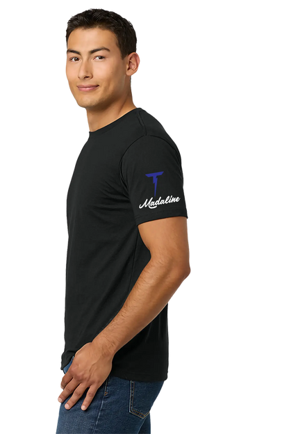 Man wearing a black t-shirt with a logo on the sleeve against a white background. Paper Street Print Co, Blairstown, NJ.