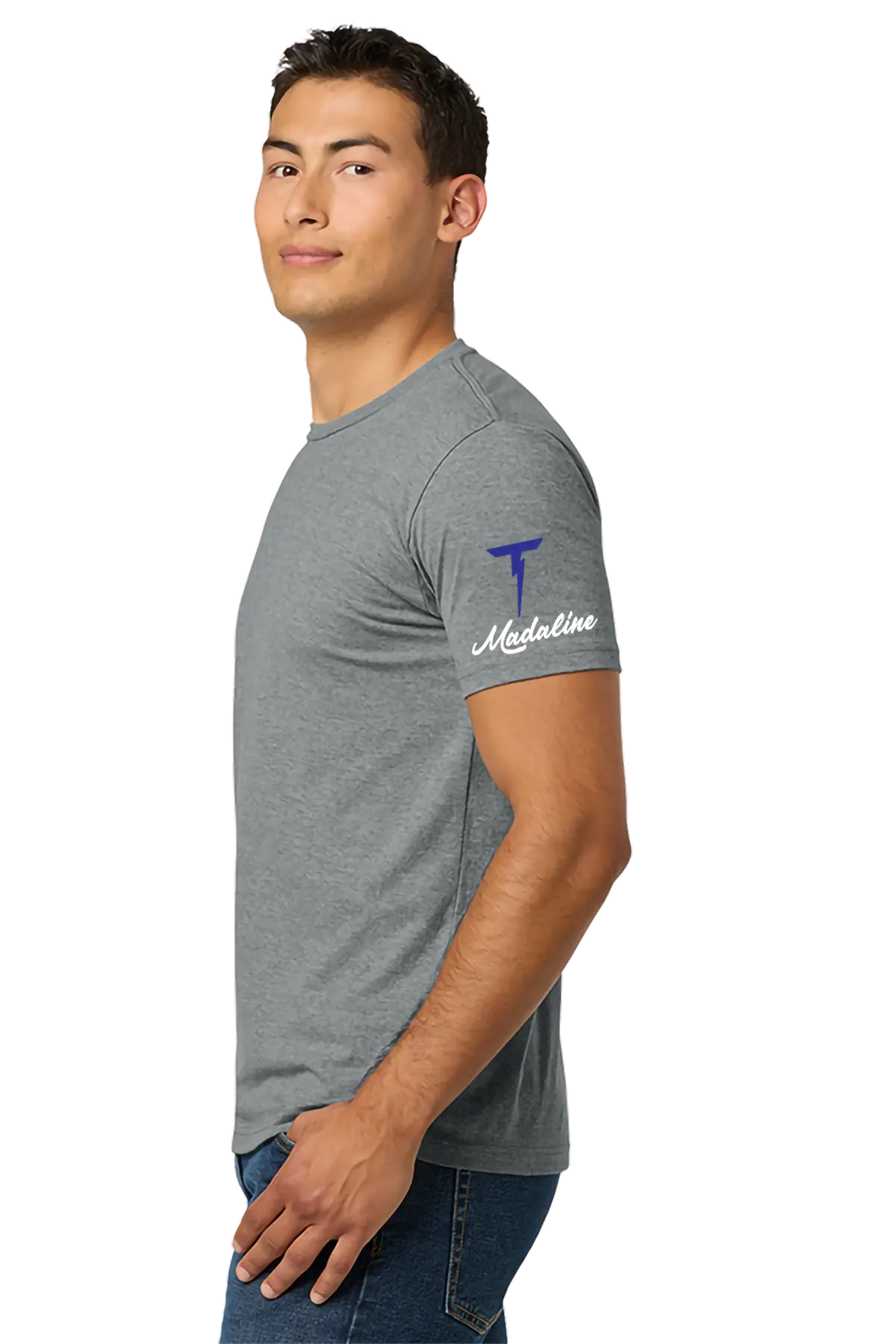 Man wearing a gray t-shirt with a logo on a white background. Paper Street Print Co, Blairstown, NJ.