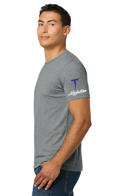 Man wearing a gray t-shirt with a logo on a white background. Paper Street Print Co, Blairstown, NJ.