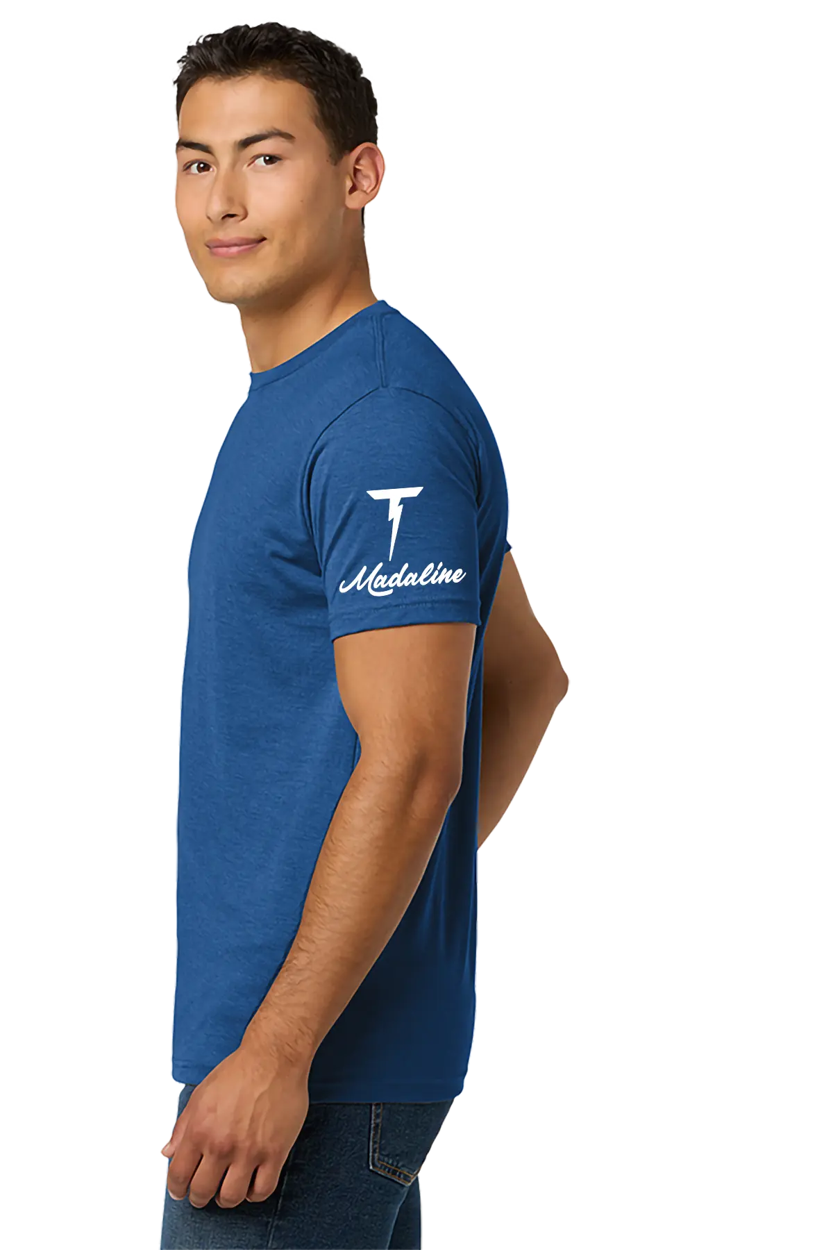 Man wearing a blue t-shirt with a logo on a white background. Paper Street Print Co, Blairstown, NJ.