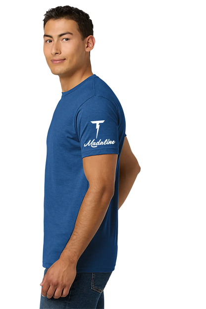 Man wearing a blue t-shirt with a logo on a white background. Paper Street Print Co, Blairstown, NJ.