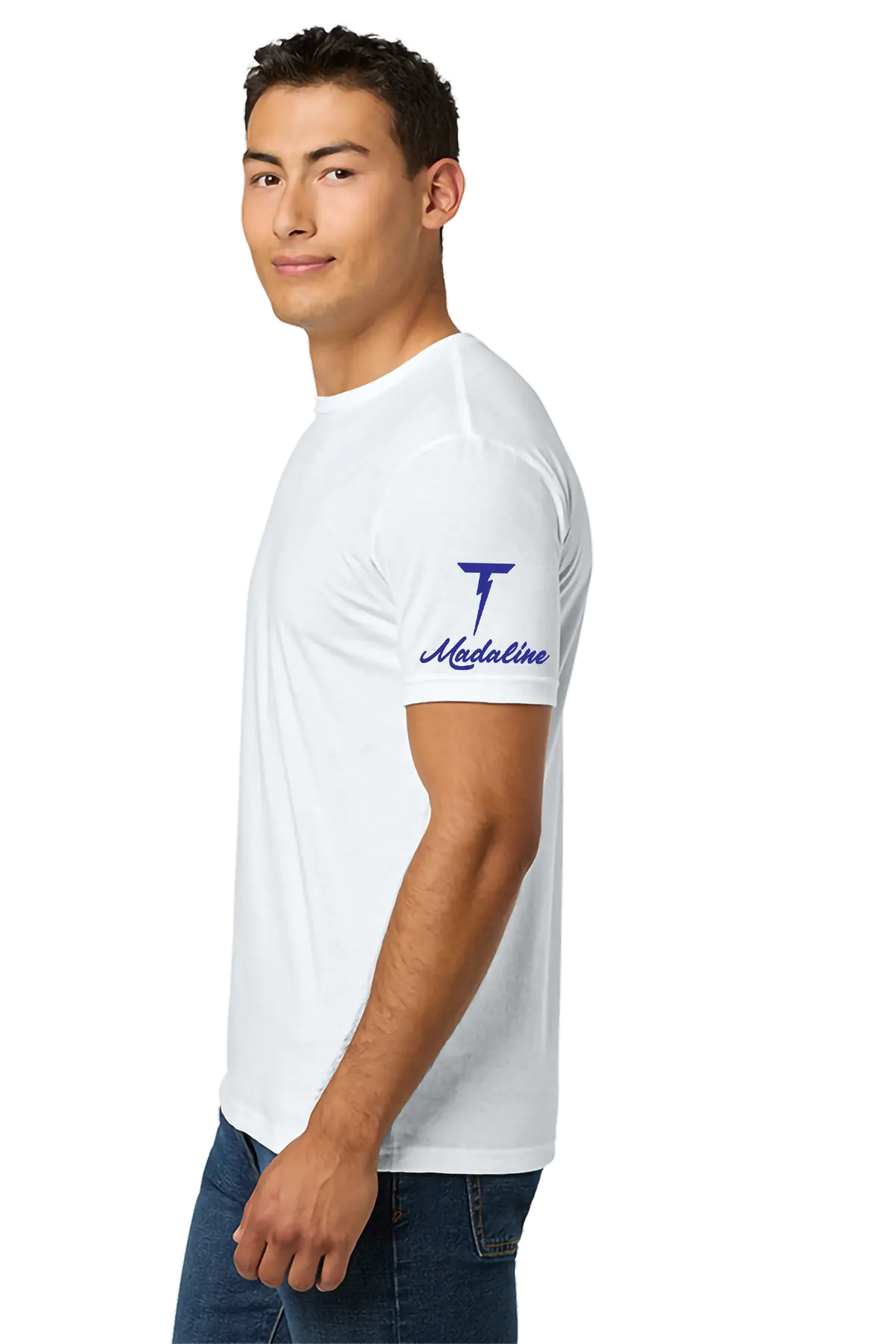 Man wearing a white t-shirt with a blue logo on a white background. Paper Street Print Co, Blairstown, NJ.