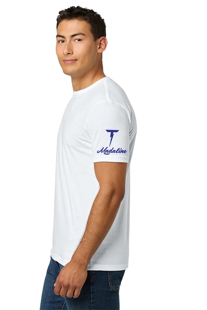 Man wearing a white t-shirt with a blue logo on a white background. Paper Street Print Co, Blairstown, NJ.