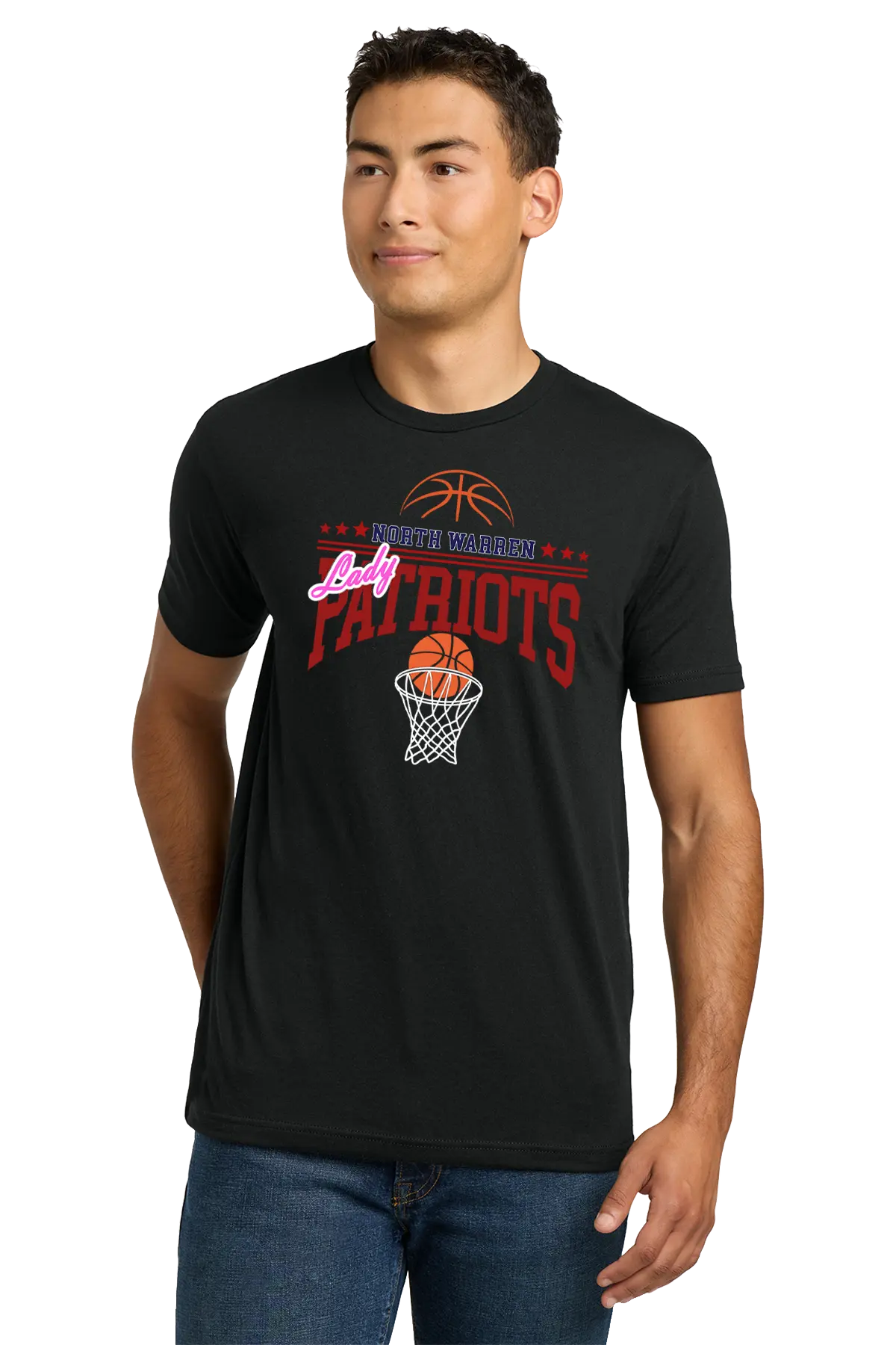 Man wearing a black t-shirt with 'Lady Patriots' basketball design on a white background. Paper Street Print Co, Blairstown, NJ.