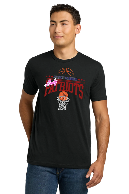 Man wearing a black t-shirt with 'Lady Patriots' basketball design on a white background. Paper Street Print Co, Blairstown, NJ.