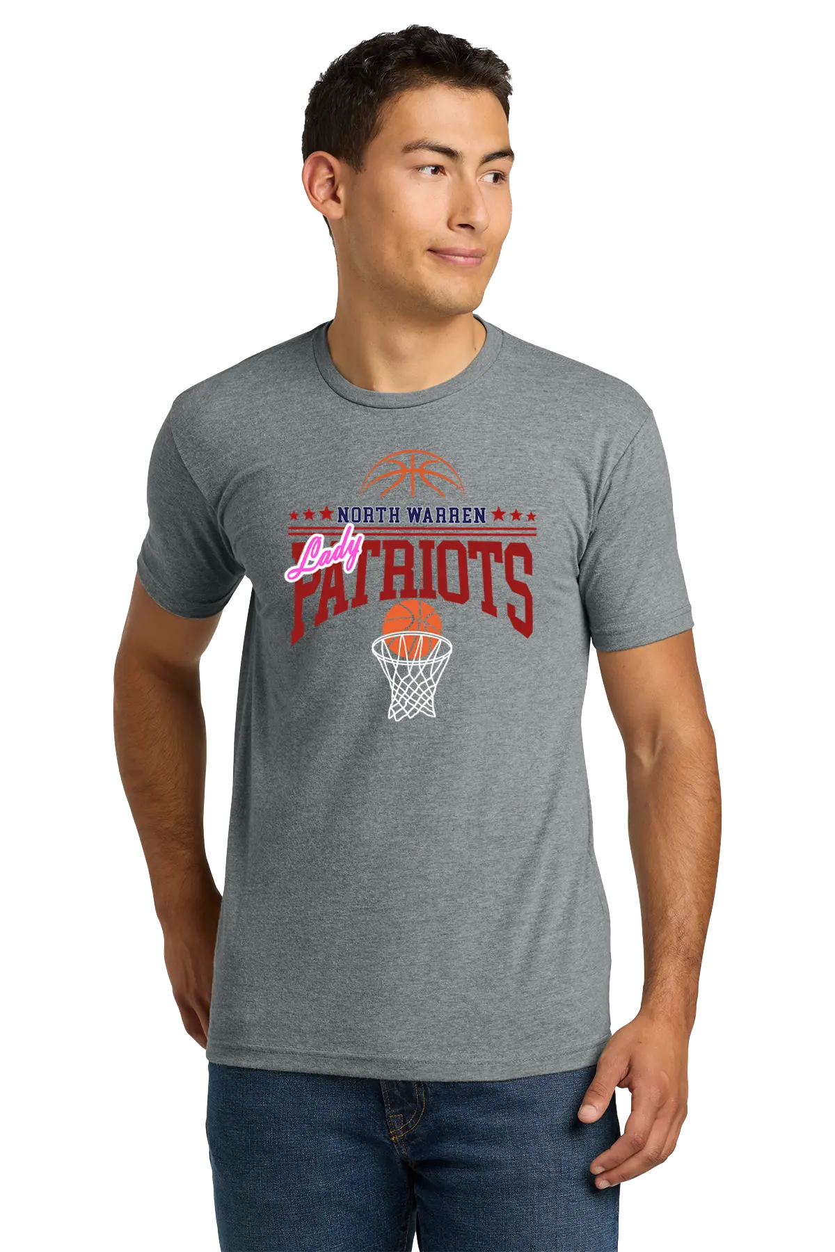 Man wearing a gray t-shirt with 'North Warren Patriots' design on a white background. Paper Street Print Co, Blairstown, NJ.