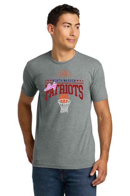 Man wearing a gray t-shirt with 'North Warren Patriots' design on a white background. Paper Street Print Co, Blairstown, NJ.