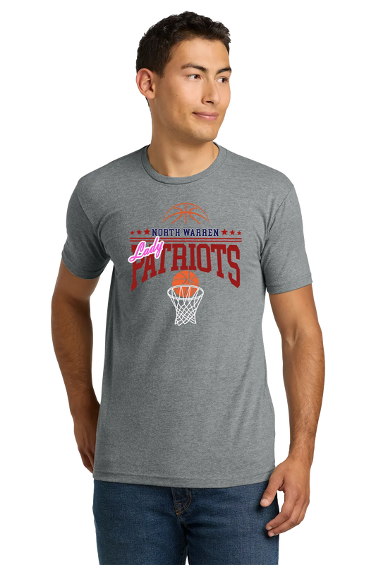 Man wearing a gray t-shirt with 'North Warren Patriots' design on a white background. Paper Street Print Co, Blairstown, NJ.