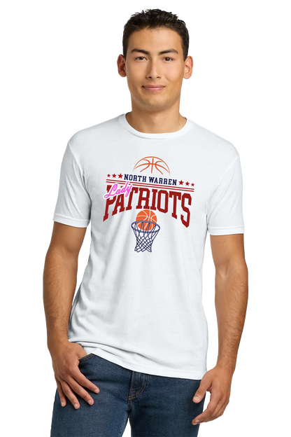 Person wearing a white t-shirt with 'North Warren Patriots' basketball design on a white background. Paper Street Print Co, Blairstown, NJ.