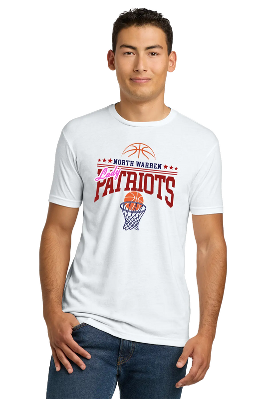 Person wearing a white t-shirt with 'North Warren Patriots' basketball design on a white background. Paper Street Print Co, Blairstown, NJ.