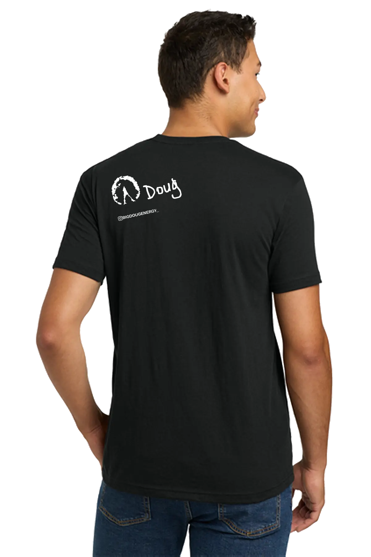 Man wearing a black t-shirt with a logo on the back, standing against a white background. BigDougEnergy Paper Street Print Co, Blairstown, NJ.