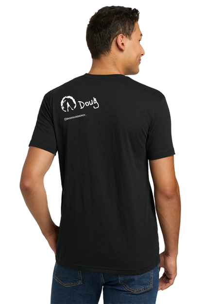 Man wearing a black t-shirt with a logo on the back, standing against a white background. BigDougEnergy Paper Street Print Co, Blairstown, NJ.
