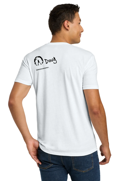 Man wearing a white t-shirt with a logo on the back, standing against a white background. #BigDougEnergy Paper Street Print Co, Blairstown, NJ.