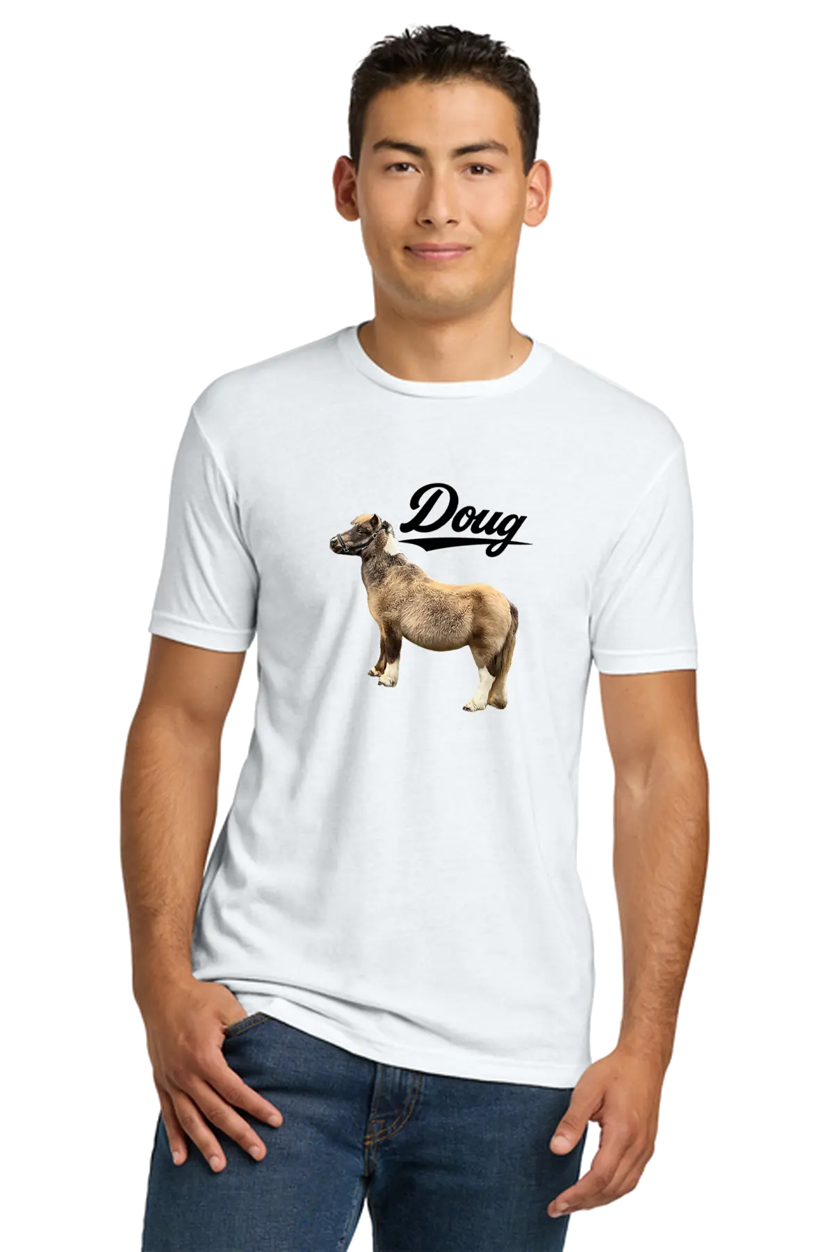Man wearing a white t-shirt with a graphic of a dog and text on a white background. Paper Street Print Co, Blairstown, NJ.