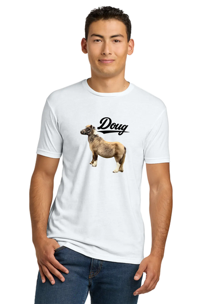 Man wearing a white t-shirt with a graphic of a dog and text on a white background. Paper Street Print Co, Blairstown, NJ.