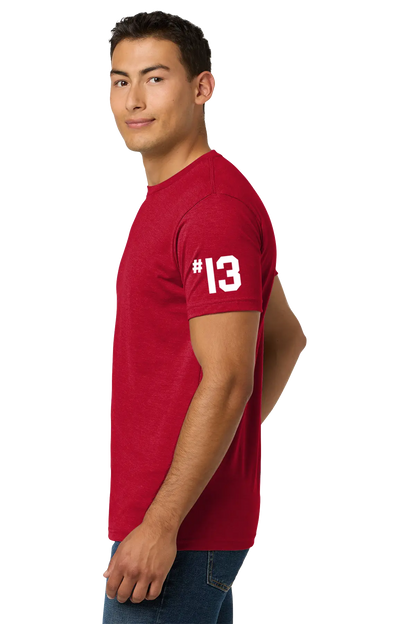 Man wearing a red t-shirt with the number 13 on a white background. Paper Street Print Co, Blairstown, NJ