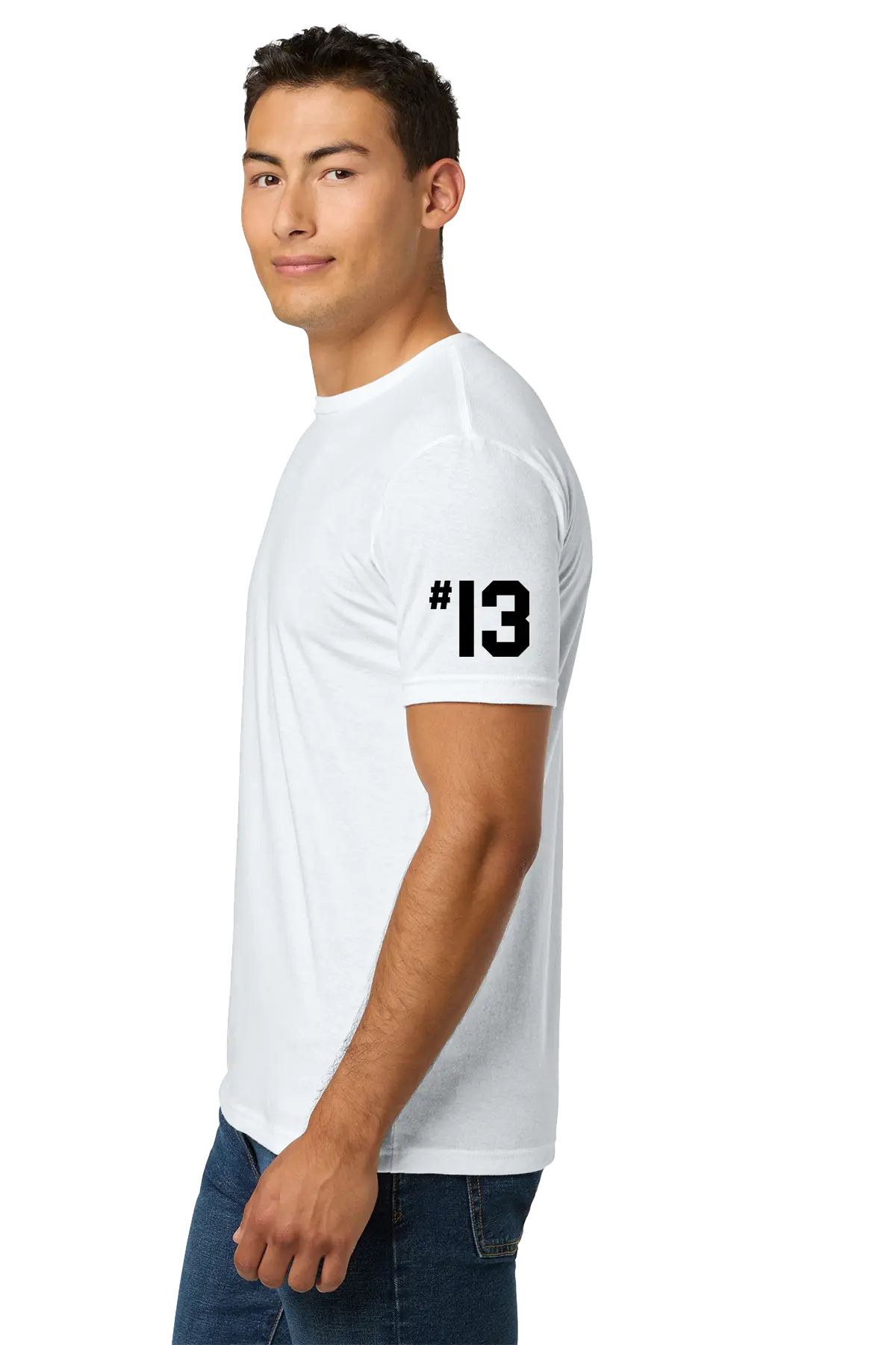 Man wearing a white t-shirt with the number 13 on a white background. Paper Street Print Co, Blairstown, NJ