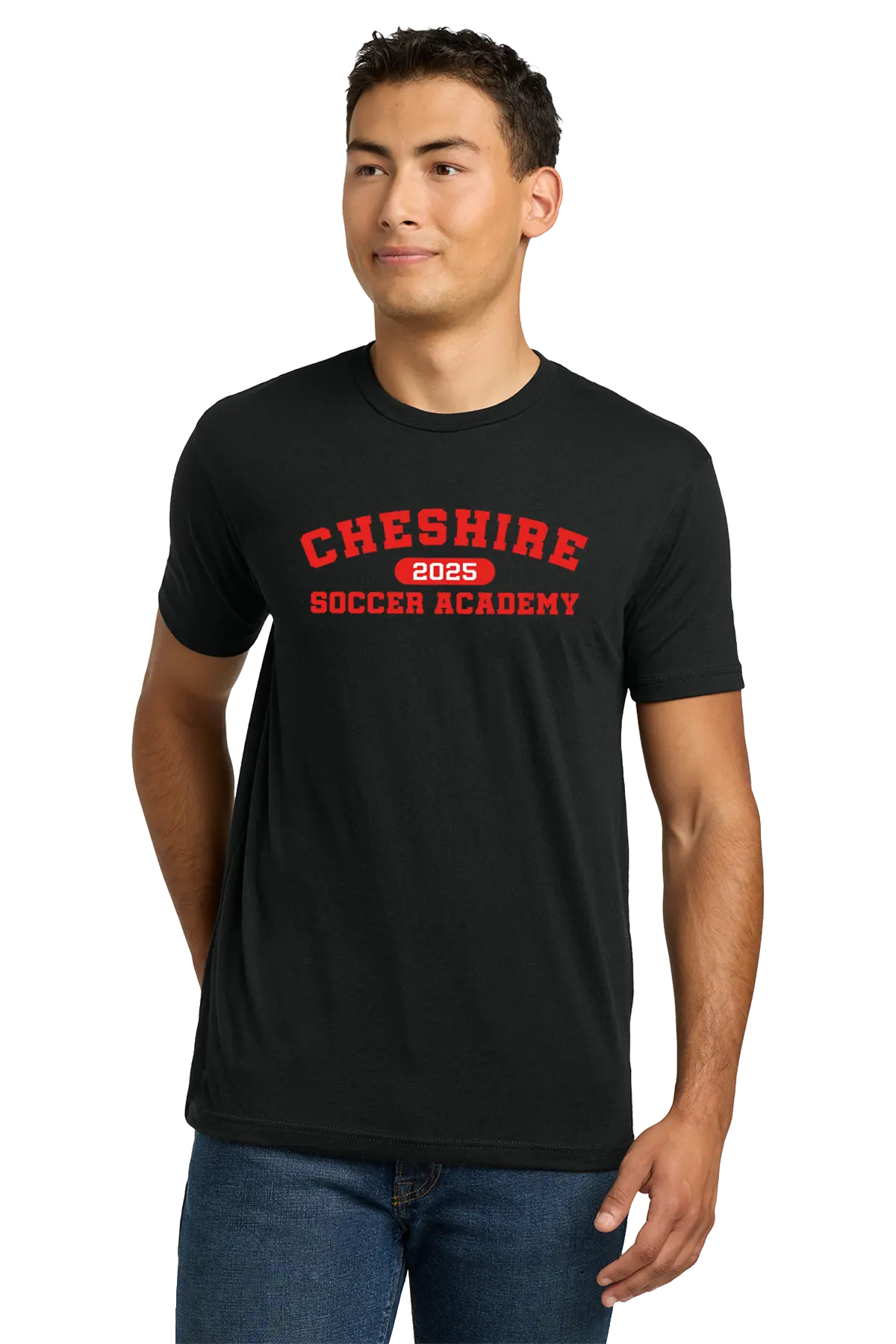 Man wearing a black t-shirt with 'Cheshire Soccer Academy 2025' text on a white background. Paper Street Print Co, Blairstown, NJ.