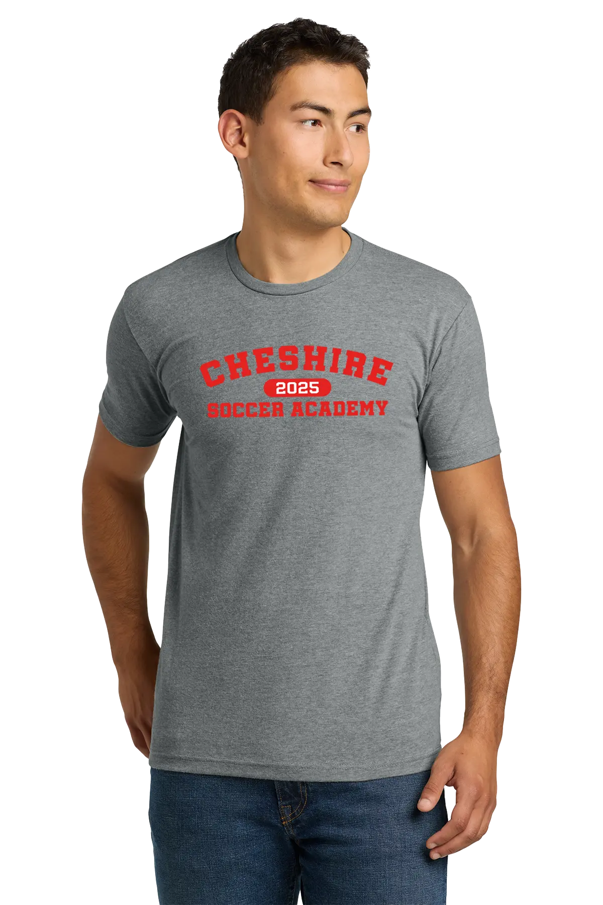 Man wearing a gray t-shirt with 'Cheshire Soccer Academy 2025' text on a white background. Paper Street Print Co, Blairstown, NJ.