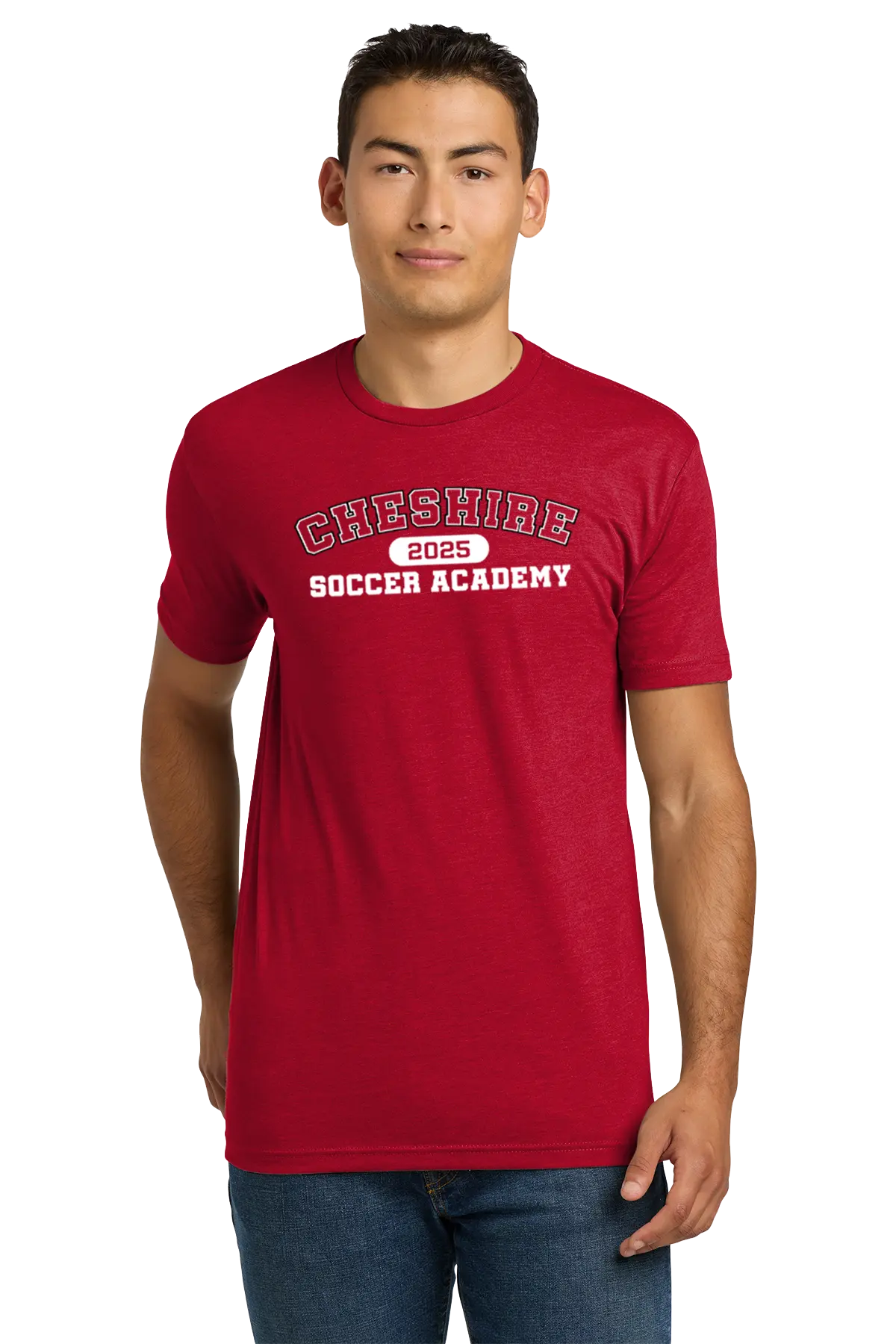 Man wearing a red t-shirt with 'Cheshire Soccer Academy 2023' text on a white background. Paper Street Print Co, Blairstown, NJ.