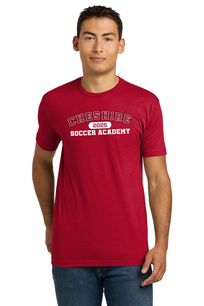 Man wearing a red t-shirt with 'Cheshire Soccer Academy 2023' text on a white background. Paper Street Print Co, Blairstown, NJ.
