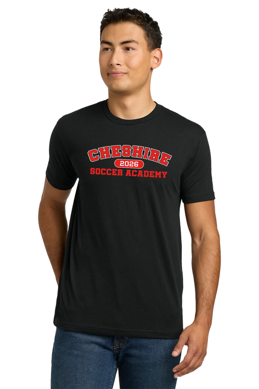 Man wearing a black t-shirt with 'Cheshire 2026 Soccer Academy' text on a white background. Paper Street Print Co, Blairstown, NJ.