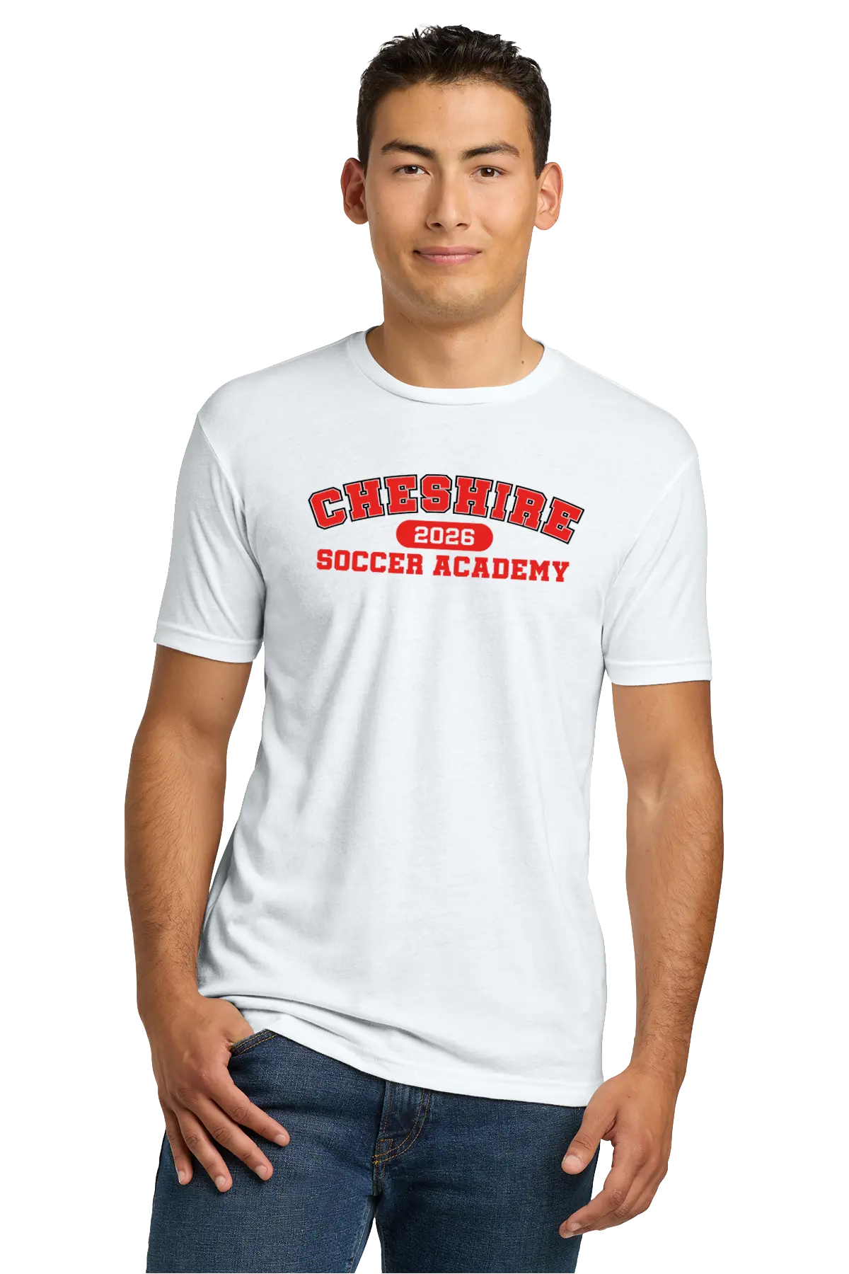 Person wearing a white t-shirt with 'Cheshire Soccer Academy' text on a white background. Paper Street Print Co, Blairstown, NJ.