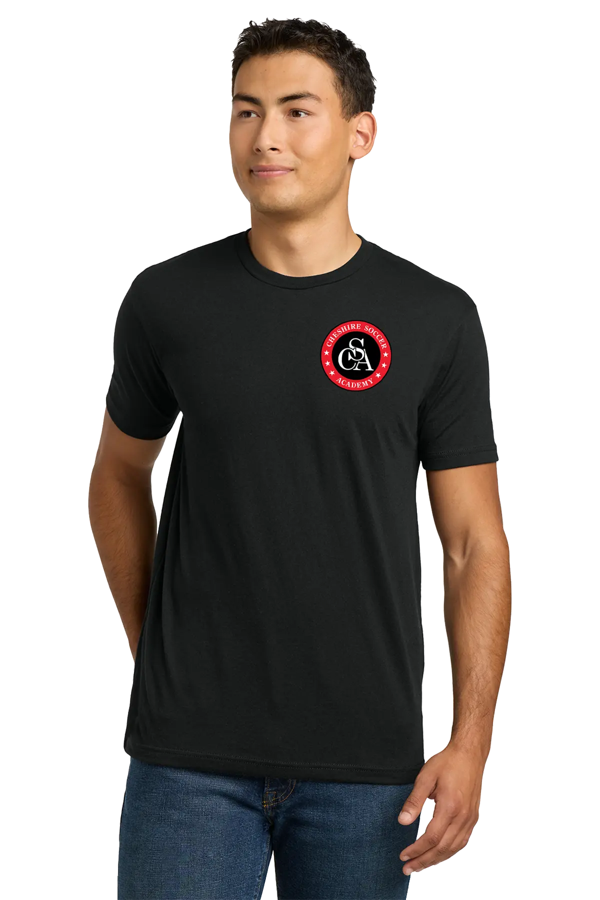 Man wearing a black t-shirt with a red and white logo on a white background. Paper Street Print Co, Blairstown, NJ