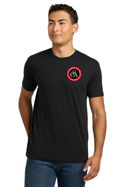 Man wearing a black t-shirt with a red and white logo on a white background. Paper Street Print Co, Blairstown, NJ