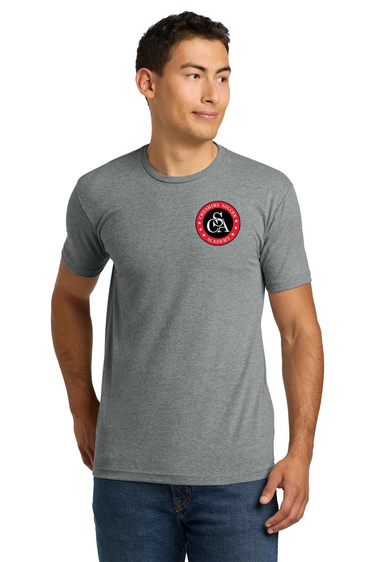 Man wearing a gray t-shirt with a red and white logo on a white background. Paper Street Print Co, Blairstown, NJ
