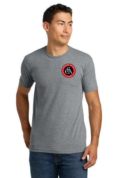 Man wearing a gray t-shirt with a red and white logo on a white background. Paper Street Print Co, Blairstown, NJ