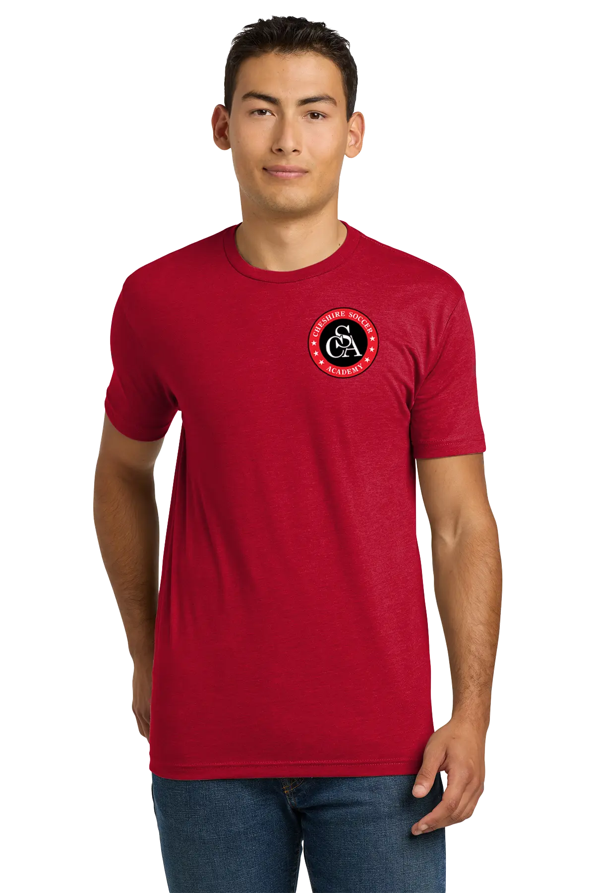 Man wearing a red t-shirt with a logo on a white background. Paper Street Print Co, Blairstown, NJ