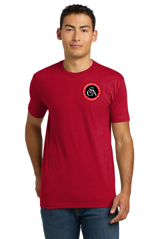 Man wearing a red t-shirt with a logo on a white background. Paper Street Print Co, Blairstown, NJ