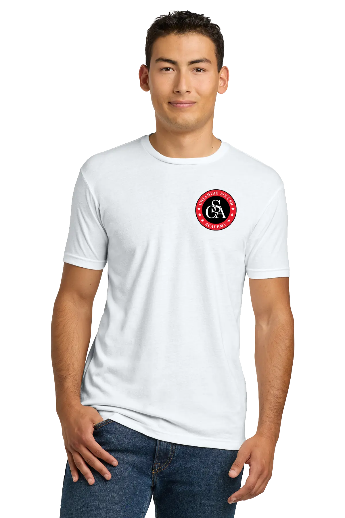 Man wearing a white t-shirt with a red logo on a white background. Paper Street Print Co, Blairstown, NJ