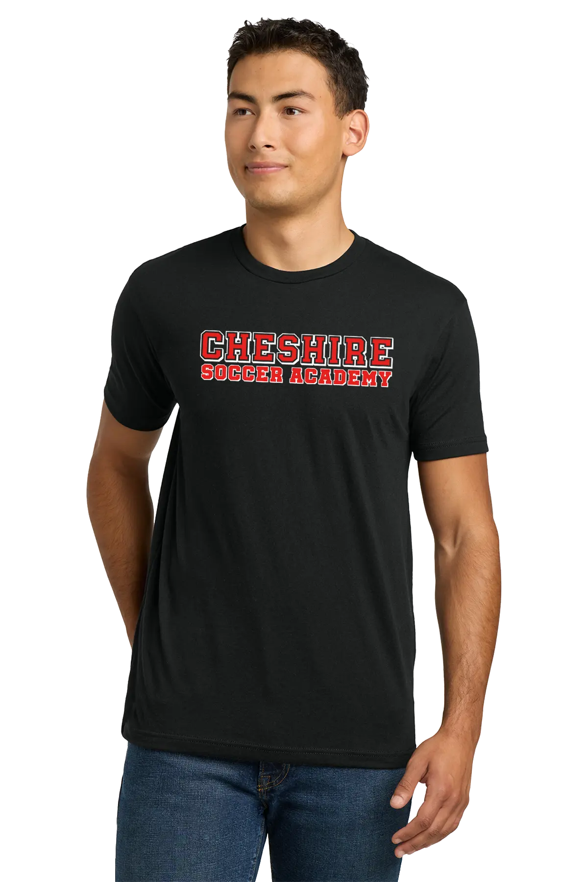 Man wearing a black t-shirt with 'Cheshire Soccer Academy' text on a white background Paper Street Print Co, Blairstown, NJ.