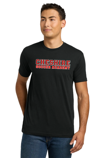 Man wearing a black t-shirt with 'Cheshire Soccer Academy' text on a white background Paper Street Print Co, Blairstown, NJ.