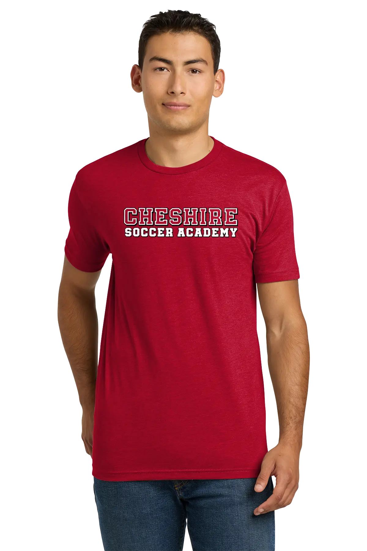 Person wearing a red 'Cheshire Soccer Academy' t-shirt on a white background. Paper Street Print Co, Blairstown, NJ.