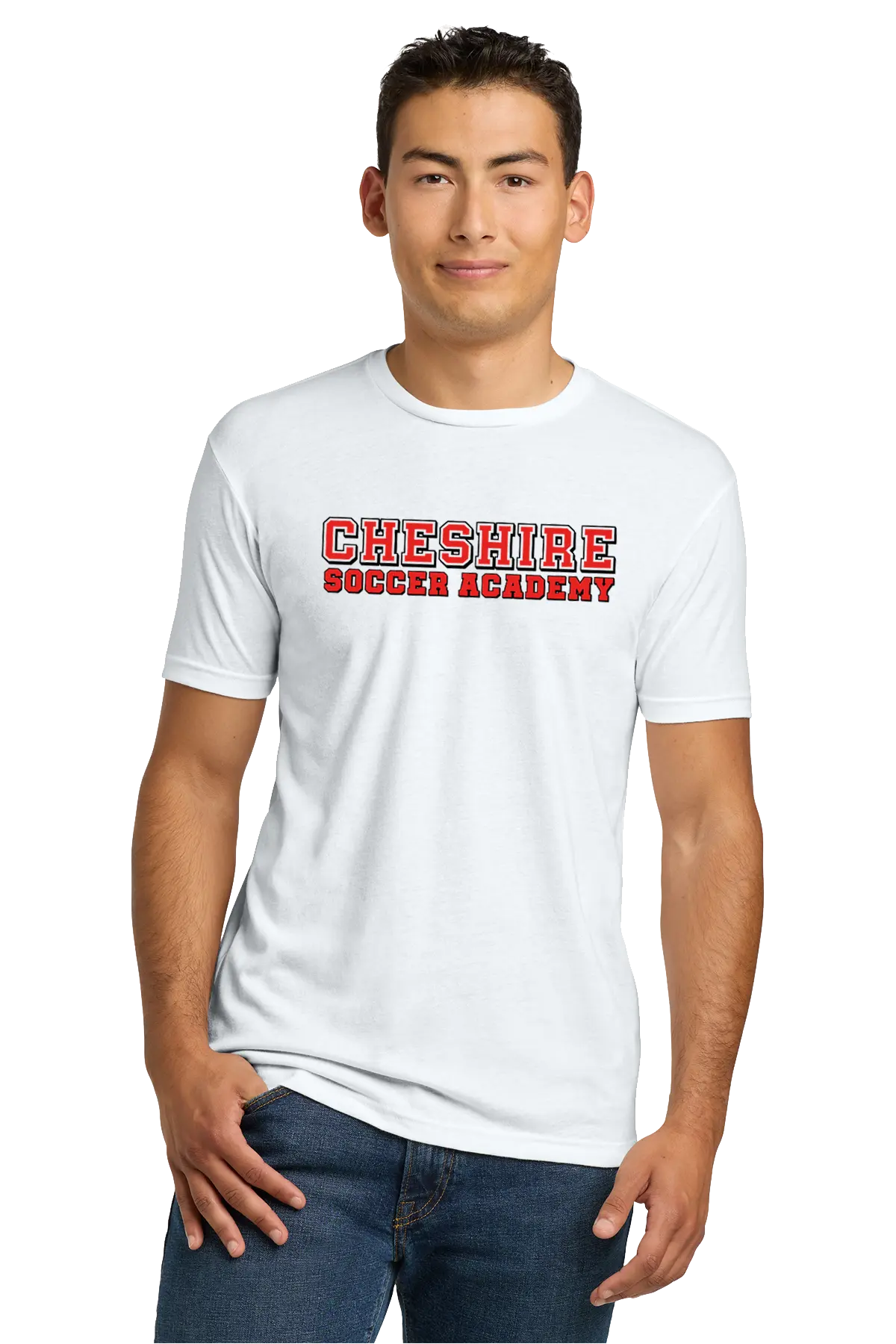 Person wearing a white t-shirt with 'Cheshire Soccer Academy' text on a white background Paper Street Print Co, Blairstown, NJ.