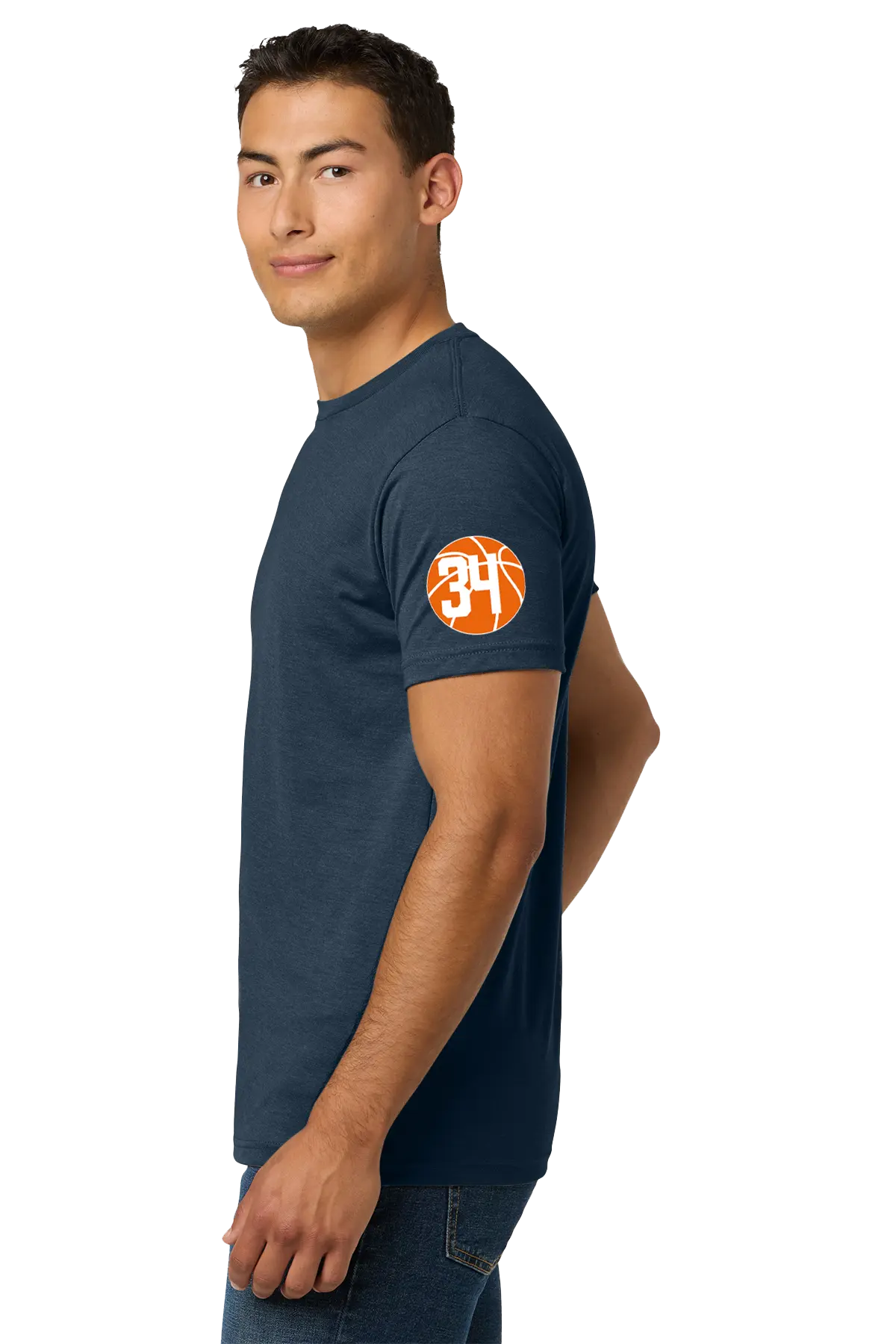 Man wearing a navy blue t-shirt with a logo on the sleeve against a white background. Paper Street Print Co, Blairstown, NJ.