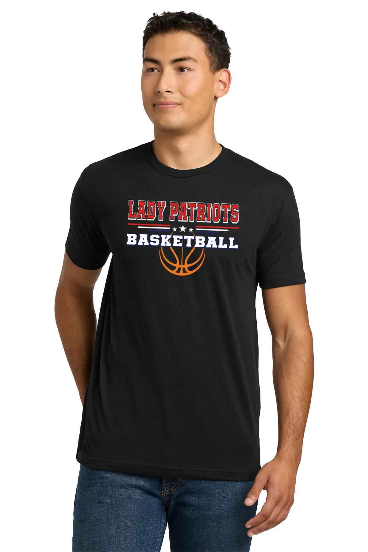 Man wearing a black t-shirt with 'LADY PATRIOTS BASKETBALL' text and graphics. Paper Street Print Co, Blairstown, NJ.