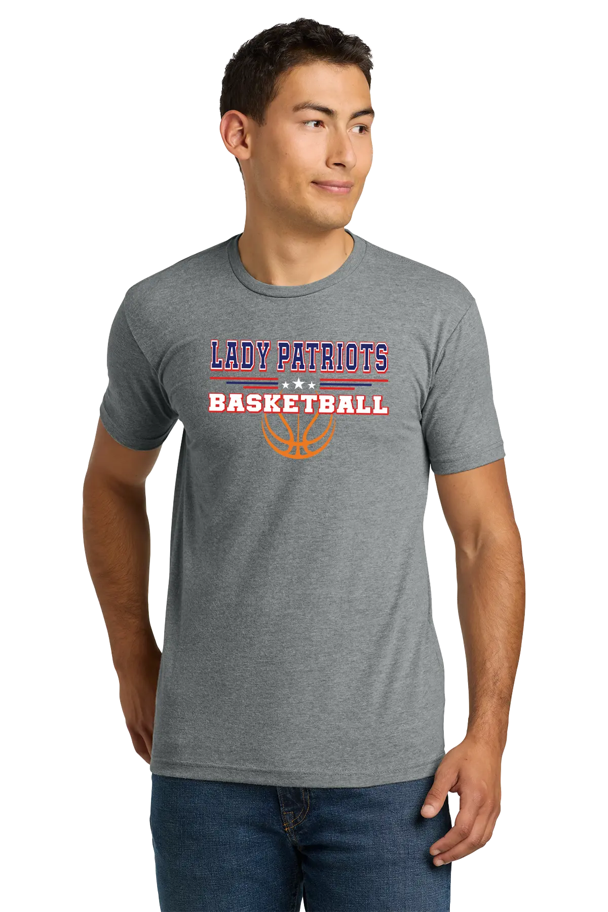 Man wearing a gray t-shirt with 'LADY PATRIOTS BASKETBALL' text and design on a white background. Paper Street Print Co, Blairstown, NJ.