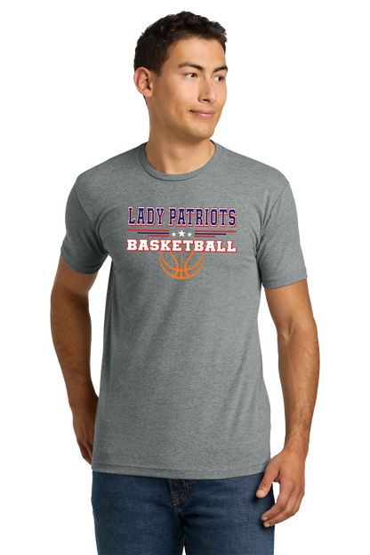 Man wearing a gray t-shirt with 'LADY PATRIOTS BASKETBALL' text and design on a white background. Paper Street Print Co, Blairstown, NJ.