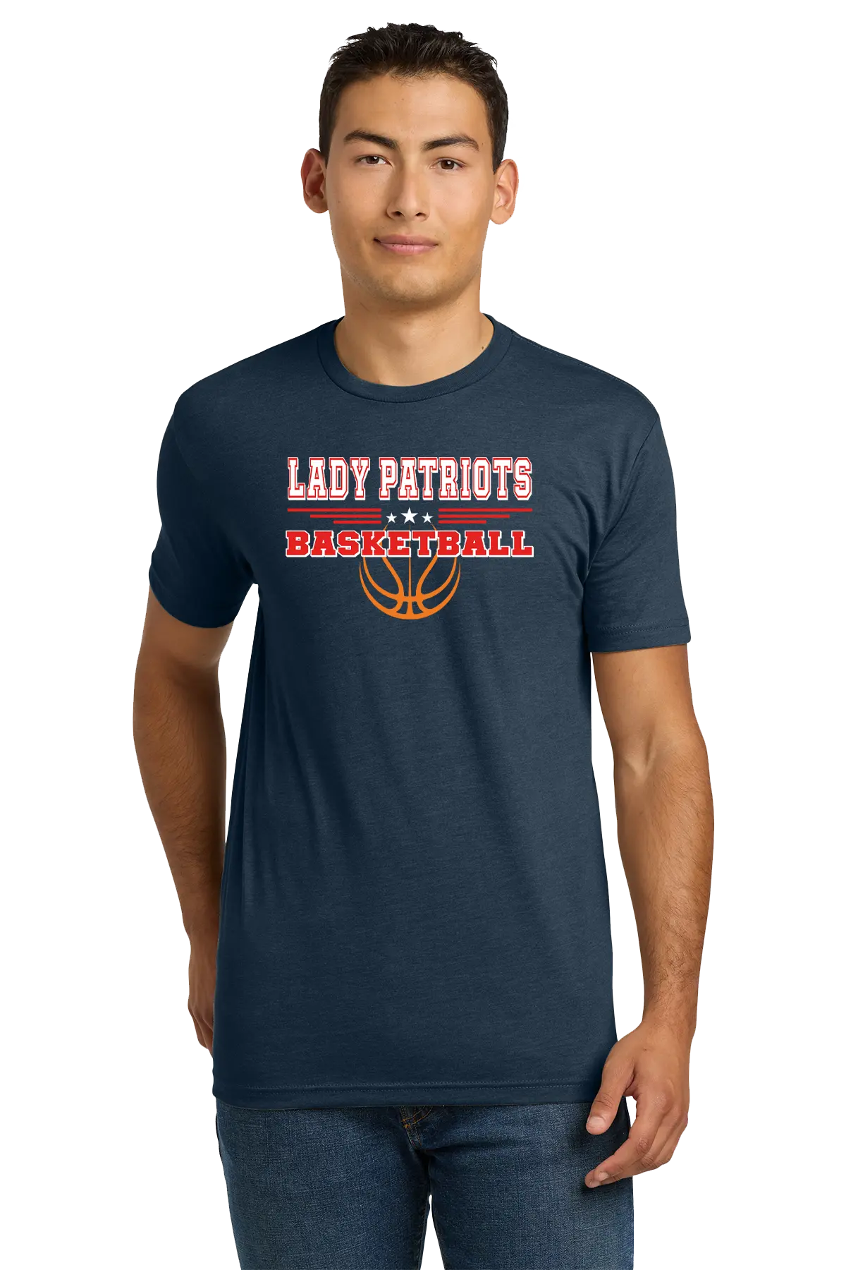 Man wearing a navy blue t-shirt with 'LADY PATRIOTS BASKETBALL' text and design. Paper Street Print Co, Blairstown, NJ.