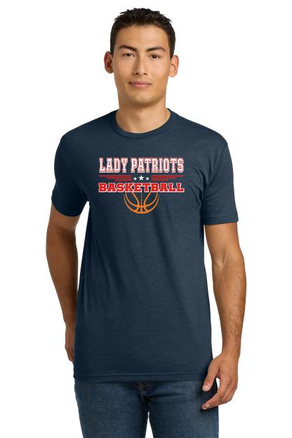 Man wearing a navy blue t-shirt with 'LADY PATRIOTS BASKETBALL' text and design. Paper Street Print Co, Blairstown, NJ.