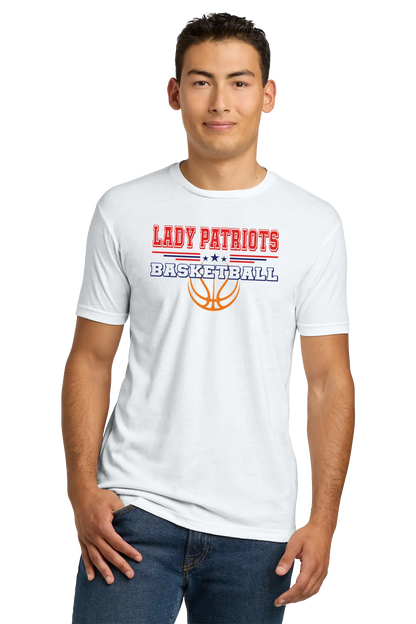 Person wearing a white t-shirt with 'LADY PATRIOTS BASKETBALL' text and design.. Paper Street Print Co, Blairstown, NJ.