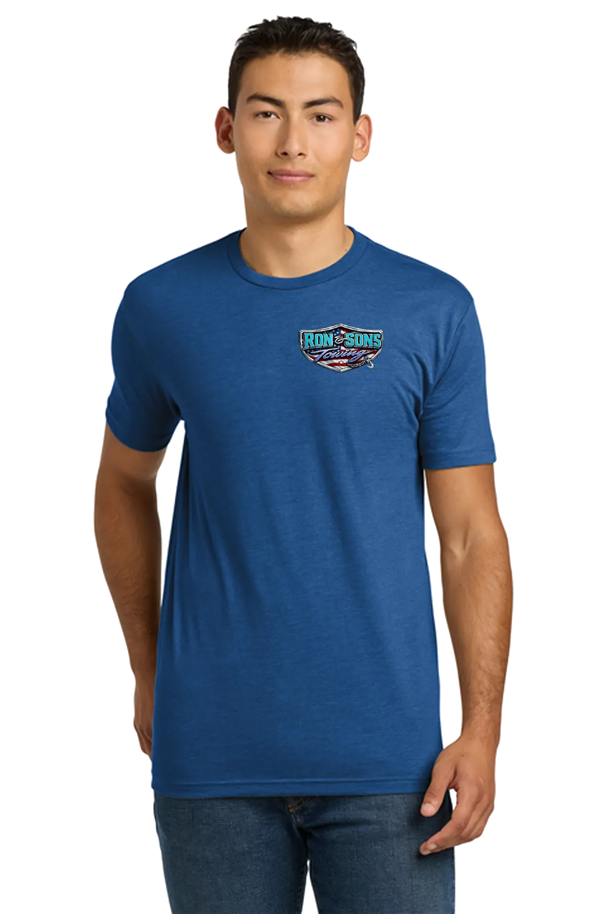 Man wearing a blue t-shirt with a logo on a white background. Ron and Sons Towing, Paper Street Print Co, Blairstown, NJ.