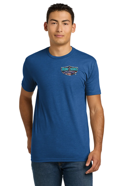 Man wearing a blue t-shirt with a logo on a white background. Ron and Sons Towing, Paper Street Print Co, Blairstown, NJ.